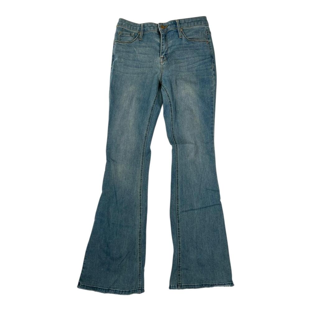 VTG Mossimo High Rise Flare Jeans Womens 6 /28 R Blue Raw Hem Stretch Denim Y2K